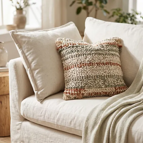 Decorative throw pillows on a sofa