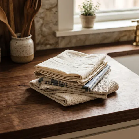 Folded cotton tea towels and kitchen linens