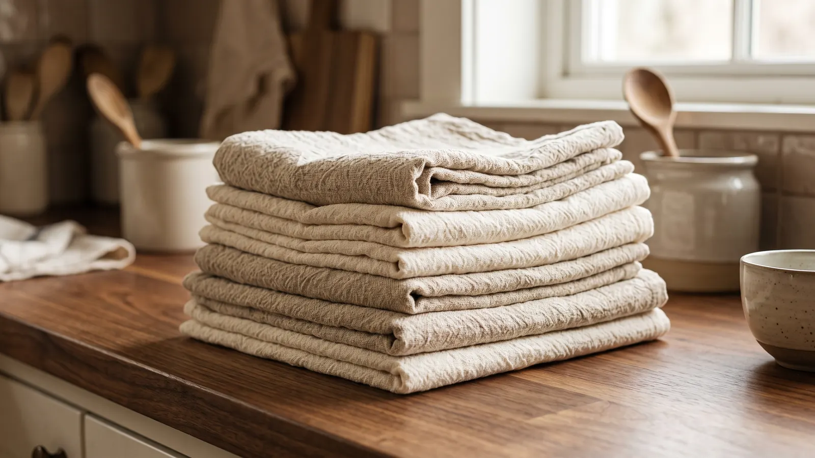 Folded natural cotton tea towel