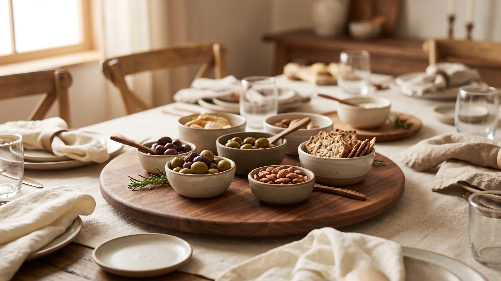 Wine barrel lazy susan used as a table centerpiece