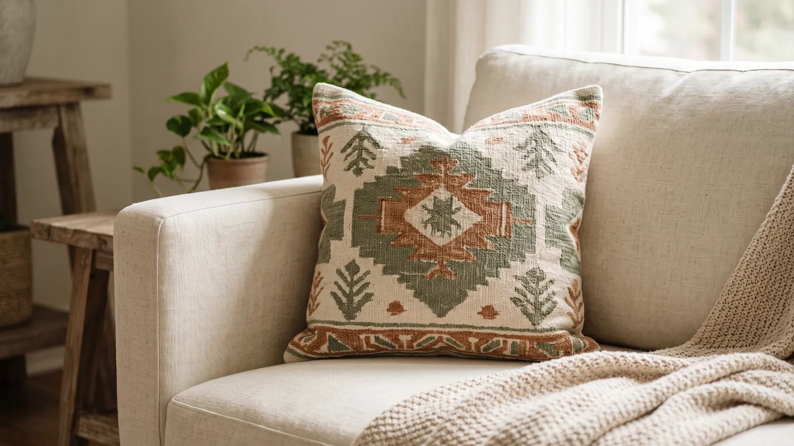 Hometown throw pillow on a sofa