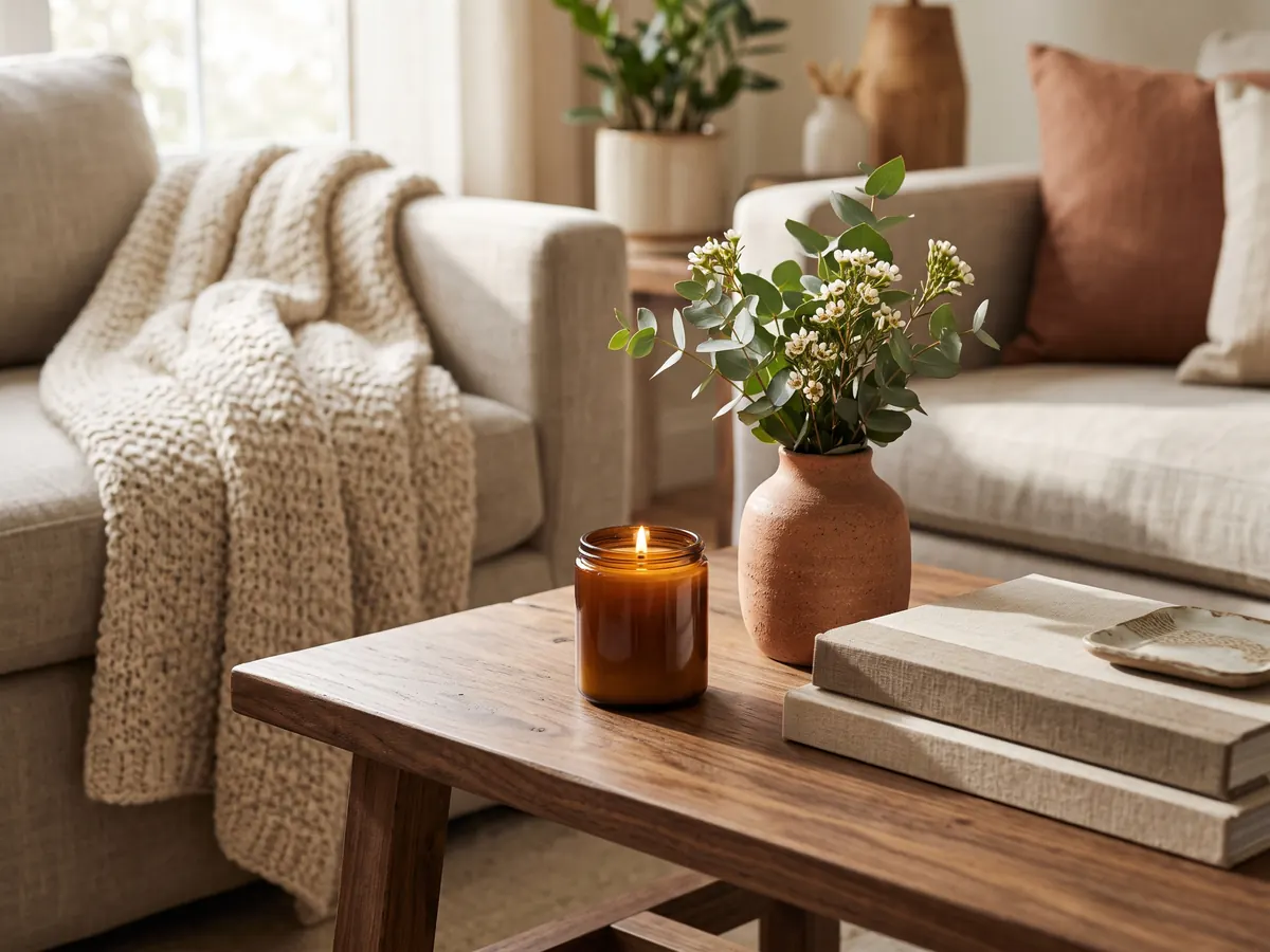 Candles, a vase and linens arranged on a table, representing The Seahurst's gift guides